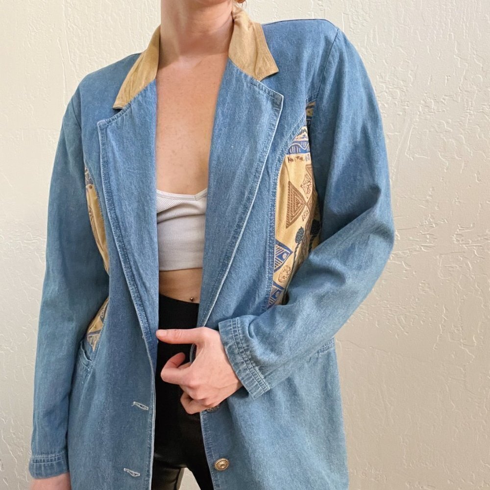 Vintage 1980's Denim Faux Suede Embroidered Western Blazer Jacket - Picture 3 of 7